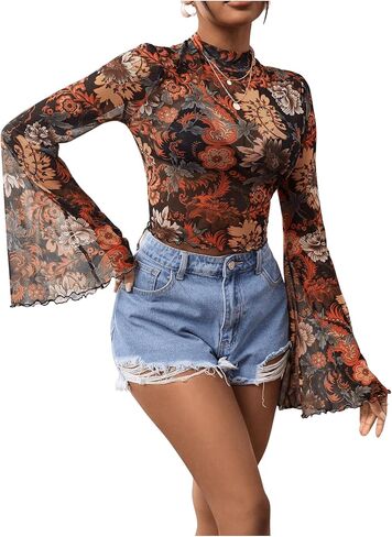 GORGLITTER Women's Floral Bell Sleeve Crop Tops 70s Mesh Vinatge Western Country Concert Blouse in Saudi Arabia