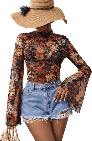 GORGLITTER Women's Floral Bell Sleeve Crop Tops 70s Mesh Vinatge Western Country Concert Blouse in Saudi Arabia