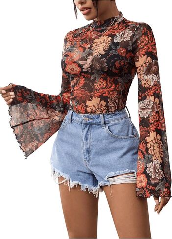GORGLITTER Women's Floral Bell Sleeve Crop Tops 70s Mesh Vinatge Western Country Concert Blouse in Saudi Arabia