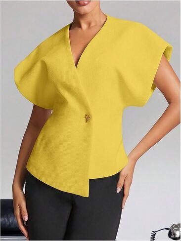 Floerns Women's Elegant Dolman Sleeve Blouses Asymmetrical Hem Tweed V Neck Shirts in Saudi Arabia