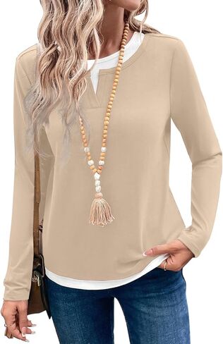 SHEWIN Women's Tops Casual Crewneck Color Block Long Sleeve Shirts Fall Fashion Basic Tees Slim Fit in Saudi Arabia