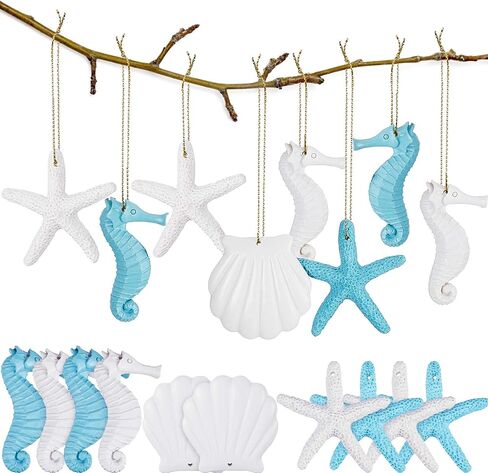 30 Pieces Resin Christmas Ornaments Tree Decorations Pencil Finger Starfish Seahorse Seashells Ocean Themed Hanging with Drilled Hole Rope for Wedding Party Decor DIY(Blue, White) in Saudi Arabia