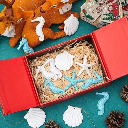 30 Pieces Resin Christmas Ornaments Tree Decorations Pencil Finger Starfish Seahorse Seashells Ocean Themed Hanging with Drilled Hole Rope for Wedding Party Decor DIY(Blue, White) in Saudi Arabia
