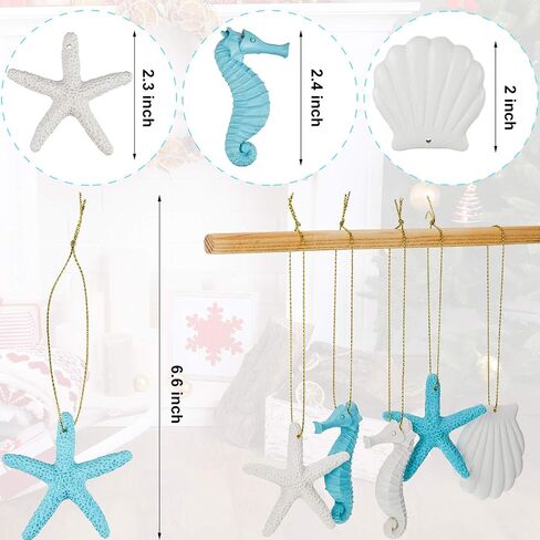 30 Pieces Resin Christmas Ornaments Tree Decorations Pencil Finger Starfish Seahorse Seashells Ocean Themed Hanging with Drilled Hole Rope for Wedding Party Decor DIY(Blue, White) in Saudi Arabia