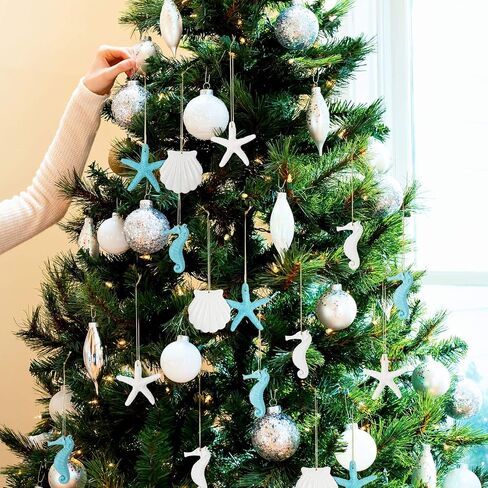 30 Pieces Resin Christmas Ornaments Tree Decorations Pencil Finger Starfish Seahorse Seashells Ocean Themed Hanging with Drilled Hole Rope for Wedding Party Decor DIY(Blue, White) in Saudi Arabia