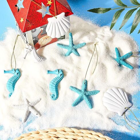 30 Pieces Resin Christmas Ornaments Tree Decorations Pencil Finger Starfish Seahorse Seashells Ocean Themed Hanging with Drilled Hole Rope for Wedding Party Decor DIY(Blue, White) in Saudi Arabia