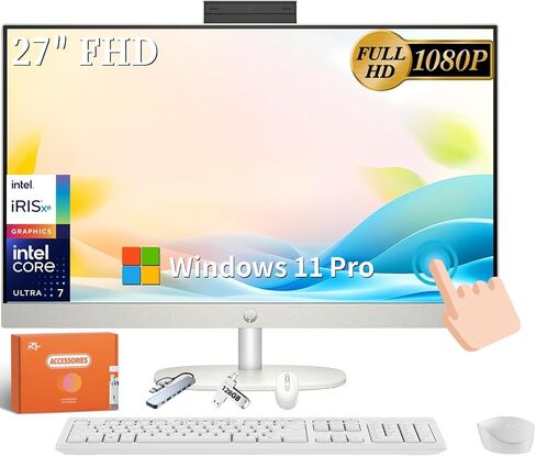 HP 27 Inch FHD Touchscreen Business All in One Desktop, Office Pro, Intel 12-core Ultra 7 155U (Beats i7-1355U), Intel GPU, FHD IR Camera, 64 GB DDR5, 4 TB SSD, Wireless KB & Mouse, Win 11 Pro in Kuwait