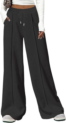 Women's Wide Leg Sweatpants Fleece Lined Casual Loose Sweat Pants with Pockets(Black, S) in Saudi Arabia