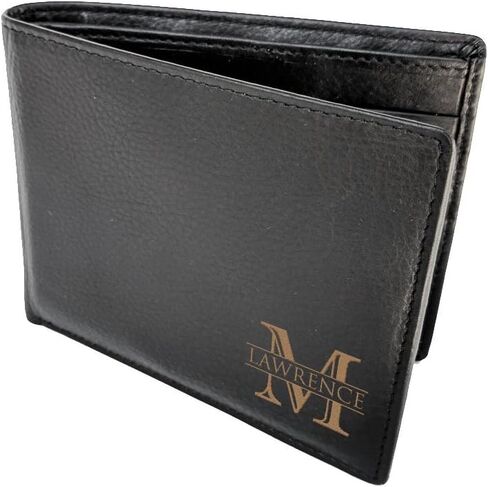 Corner Monogram Initial Engraved Personalized One Black Wallet Personalized Men's Bifold Leather RFID Blocking Wallet for Groomsman Best Man Wedding Party Gift in Saudi Arabia