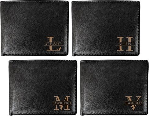 Corner Monogram Initial Engraved Personalized One Black Wallet Personalized Men's Bifold Leather RFID Blocking Wallet for Groomsman Best Man Wedding Party Gift in Saudi Arabia