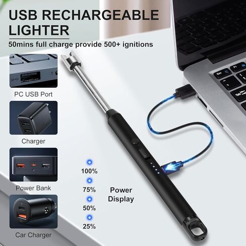 LcFun Electric Candle Lighters USB Rechargeable Lighter with LED Battery Display, 2 Pack Windproof Long Arc Lighter for Grill BBQ Camping Fireplace Stove (Double Black) in Kuwait