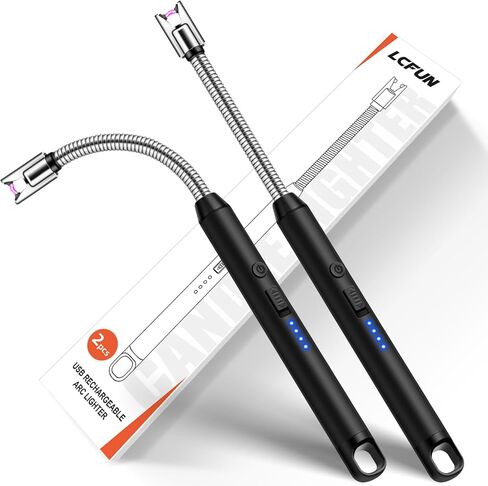 LcFun Electric Candle Lighters USB Rechargeable Lighter with LED Battery Display, 2 Pack Windproof Long Arc Lighter for Grill BBQ Camping Fireplace Stove (Double Black) in Kuwait