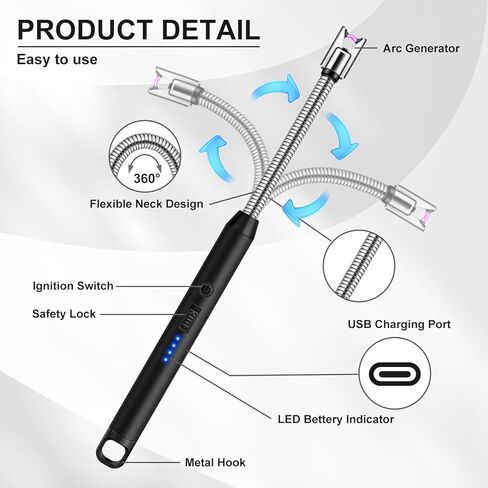 LcFun Electric Candle Lighters USB Rechargeable Lighter with LED Battery Display, 2 Pack Windproof Long Arc Lighter for Grill BBQ Camping Fireplace Stove (Double Black) in Kuwait
