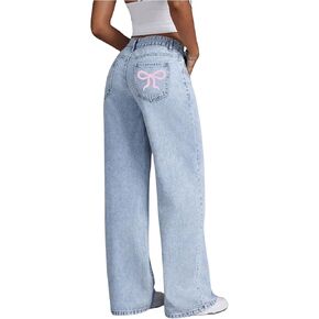 MakeMeChic Women's High Waist Denim Pants Bow Wide Leg Baggy Y2K Jeans Trousers with Pocket in Saudi Arabia