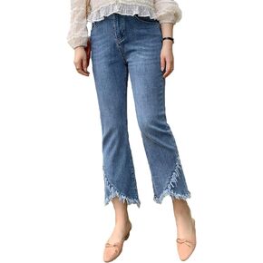 INVACHI Womens Stretch Cropped Fringe Jeans Distressed and Ripped Denim Jeans Tassel Denim Pants with Frayed Hem in Kuwait