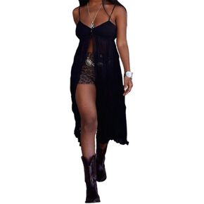 Women’s Front Split Long Dress Beachwear Spaghetti Strap V Neck Flowy Cover Up Dress Longline Cami Tops in Kuwait