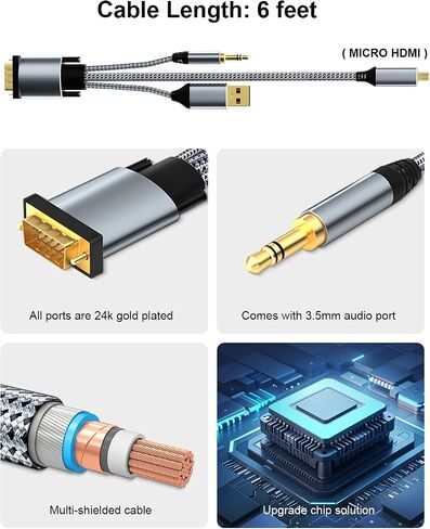 VGA إلى Mini HDMI Cable 6ft ، VGA أحادي الاتجاه إلى Mini HDMI (ذكر إلى ذكر) متوافق مع الكمبيوتر وسطح المكتب والكمبيوتر المحمول والكمبيوتر الشخصي والمراقبة والجهاز HDTV و ROKU و XBOX والمزيد in Kuwait