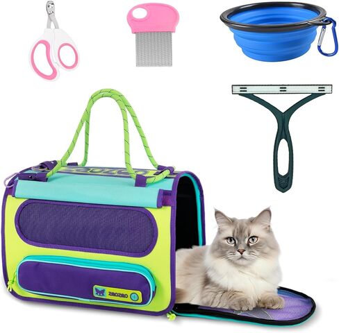 Cat Travel Carrier, Pet Travel Carrier by Airplane Approved Under seat, TSA Airline Approved Cat Carrier, with Flea Comb, De-Shedder, Feeding Bowl, Double Holes Cat Nail Clippers, Grey in Saudi Arabia