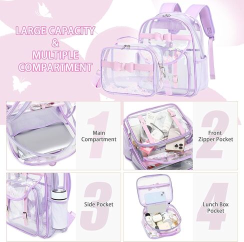 Clear Backpack for Girls and Boys 2PCS Heavy Duty Bookbag Stadium Approved Daypack Transparent School Bag See Through Backpacks for Kids Elementary,Students,College,Teens,Concert,Sports Pink in Saudi Arabia