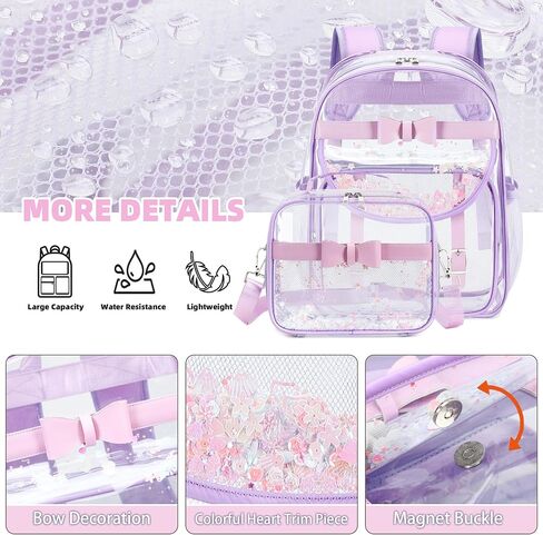 Clear Backpack for Girls and Boys 2PCS Heavy Duty Bookbag Stadium Approved Daypack Transparent School Bag See Through Backpacks for Kids Elementary,Students,College,Teens,Concert,Sports Pink in Saudi Arabia