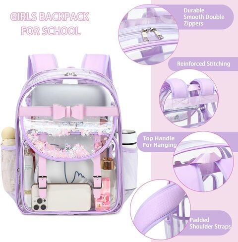Clear Backpack for Girls and Boys 2PCS Heavy Duty Bookbag Stadium Approved Daypack Transparent School Bag See Through Backpacks for Kids Elementary,Students,College,Teens,Concert,Sports Pink in Saudi Arabia