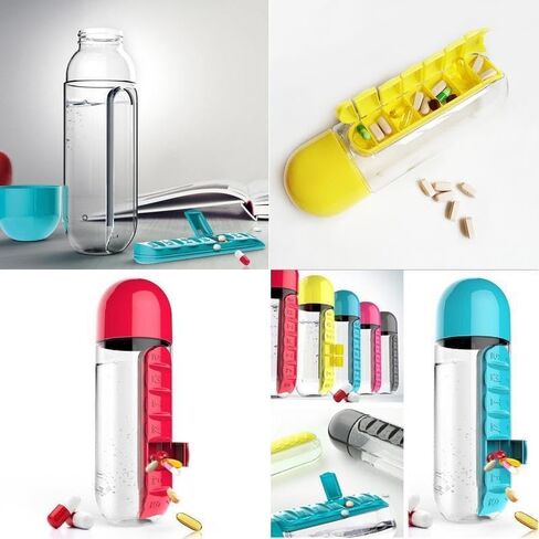 2-in-1 Water Bottle and Pill Organizer, 600ml Capacity, 7 Compartments outdoor capsule cup medicine box dispenser (Rose) in Saudi Arabia