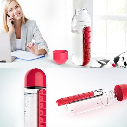 2-in-1 Water Bottle and Pill Organizer, 600ml Capacity, 7 Compartments outdoor capsule cup medicine box dispenser (Rose) in Saudi Arabia