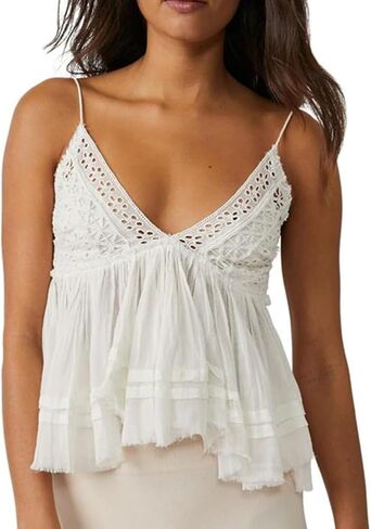 Women Vneck Camisole Y2k Spaghetti Strap Peplum Crop Tank Babydoll Flowy Cami Top Trendy Going Out Summer Shirt in Kuwait