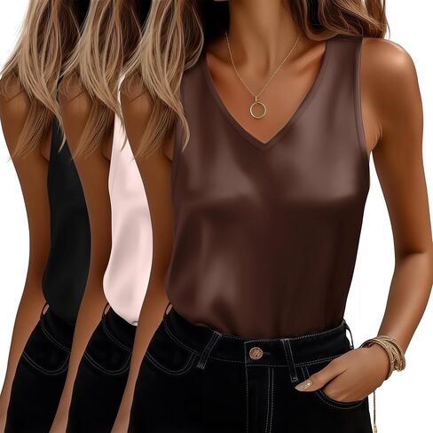Riyiper 3 Pack Women's Silk Satin Tank Tops, Sleeveless V Neck Cami Summer Casual Camisole Loose Fit Basic Blouses Shirt in Saudi Arabia