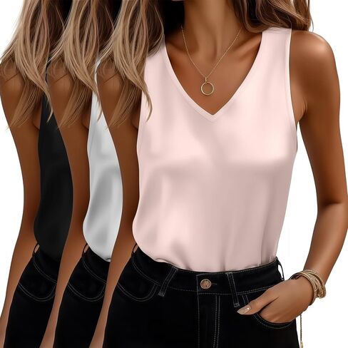 Riyiper 3 Pack Women's Silk Satin Tank Tops, Sleeveless V Neck Cami Summer Casual Camisole Loose Fit Basic Blouses Shirt in Saudi Arabia