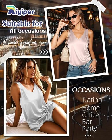 Riyiper 3 Pack Women's Silk Satin Tank Tops, Sleeveless V Neck Cami Summer Casual Camisole Loose Fit Basic Blouses Shirt in Saudi Arabia