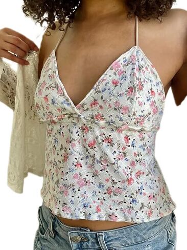 Women Vneck Camisole Y2k Spaghetti Strap Peplum Crop Tank Babydoll Flowy Cami Top Trendy Going Out Summer Shirt in Kuwait