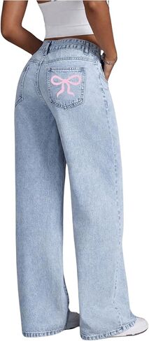 MakeMeChic Women's High Waist Denim Pants Bow Wide Leg Baggy Y2K Jeans Trousers with Pocket in Saudi Arabia