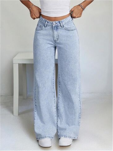 MakeMeChic Women's High Waist Denim Pants Bow Wide Leg Baggy Y2K Jeans Trousers with Pocket in Saudi Arabia