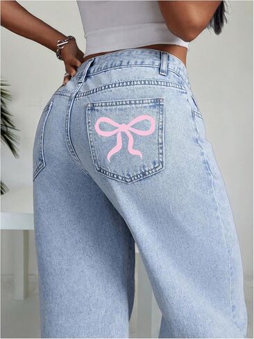 MakeMeChic Women's High Waist Denim Pants Bow Wide Leg Baggy Y2K Jeans Trousers with Pocket in Saudi Arabia