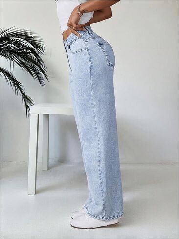 MakeMeChic Women's High Waist Denim Pants Bow Wide Leg Baggy Y2K Jeans Trousers with Pocket in Saudi Arabia