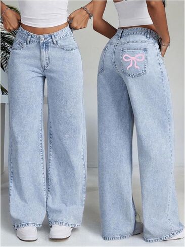 MakeMeChic Women's High Waist Denim Pants Bow Wide Leg Baggy Y2K Jeans Trousers with Pocket in Saudi Arabia
