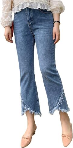 INVACHI Womens Stretch Cropped Fringe Jeans Distressed and Ripped Denim Jeans Tassel Denim Pants with Frayed Hem in Kuwait