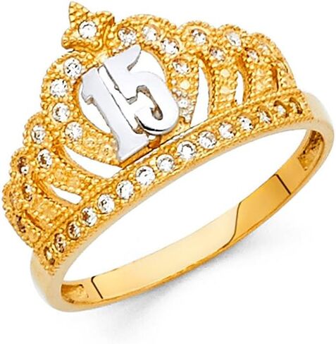 14 كيلو نغمة/الذهب الأبيض الصلبة حلوة 15 سنة عيد ميلاد CZ Crown Quinceanera خاتم in Saudi Arabia