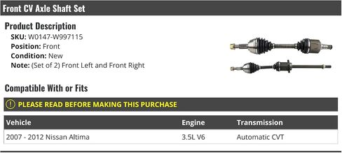 Front CV Axle Shaft Set of 2 - Compatible with 2007-2012 Nissan Altima 3.5L V6 Automatic CVT in Saudi Arabia