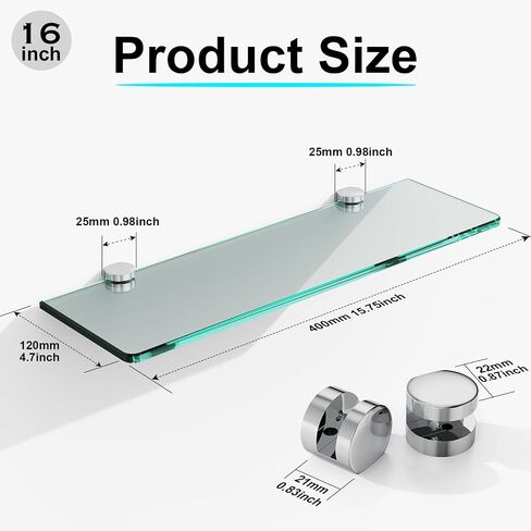 16-Inch Floating Glass Shelf,Glass Shelves for Bathroom Modern Stainless Steel Tempered Glass Wall Mount Brushed Nickel Glass Bathroom Shelf Chrome Polished Accessories in Saudi Arabia