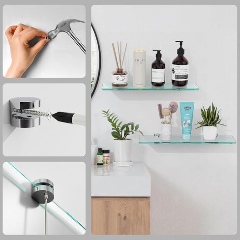16-Inch Floating Glass Shelf,Glass Shelves for Bathroom Modern Stainless Steel Tempered Glass Wall Mount Brushed Nickel Glass Bathroom Shelf Chrome Polished Accessories in Saudi Arabia