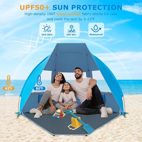 Gorich Portable Beach Tent لـ 3-6 شخص مع حماية UPF 50+ للأشعة فوق البنفسجية ، ومأوى شمس خفيفة الوزن وقابلة للطي مع 5 أكياس رملية ، وسهلة الإعداد للرياح شاطئ شمس الظل in Kuwait