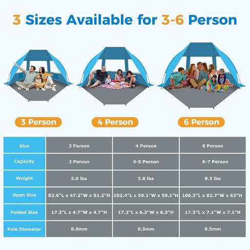 Gorich Portable Beach Tent for 3/4-5/6-7 Person with UPF 50+ UV Protection, Lightweight & Foldable Sun Shelter with 5 Sand Bags, Easy Setup Windproof Beach Umbrella Sun Shade in Kuwait