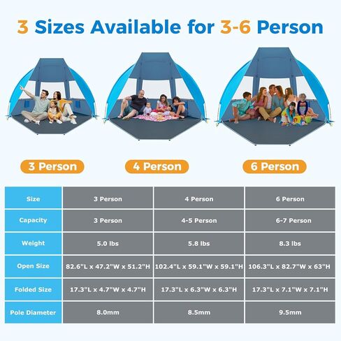 Gorich Portable Beach Tent لـ 3-6 شخص مع حماية UPF 50+ للأشعة فوق البنفسجية ، ومأوى شمس خفيفة الوزن وقابلة للطي مع 5 أكياس رملية ، وسهلة الإعداد للرياح شاطئ شمس الظل in Kuwait