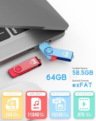 Mosdart 64GB USB 2.0 Flash Drive ، مع حلقة سلسلة المفاتيح ، تصميم دوارة مع ضوء LED ، عصا ذاكرة exfat لأجهزة الكمبيوتر ، النسخ الاحتياطي للنظام ، محرك إبهام تخزين البيانات ، الأخضر والأزرق (حزمة 2) in Kuwait