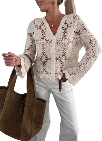 utcoco Womens Beach Vacation Crochet Knit Crop Cover Up Swimwear Sexy Hollow Out Long Sleeve Button Down Shirt Tops in Saudi Arabia