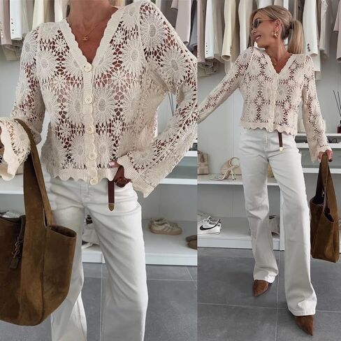 utcoco Womens Beach Vacation Crochet Knit Crop Cover Up Swimwear Sexy Hollow Out Long Sleeve Button Down Shirt Tops in Saudi Arabia