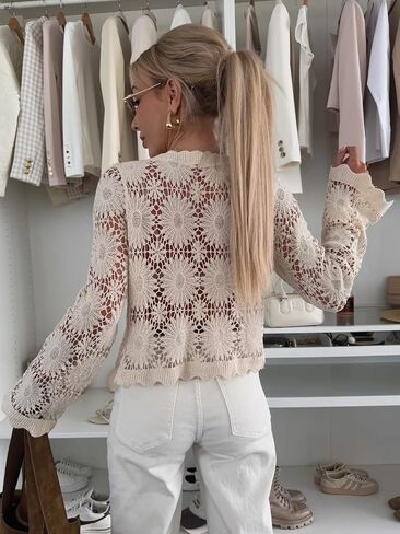 utcoco Womens Beach Vacation Crochet Knit Crop Cover Up Swimwear Sexy Hollow Out Long Sleeve Button Down Shirt Tops in Saudi Arabia