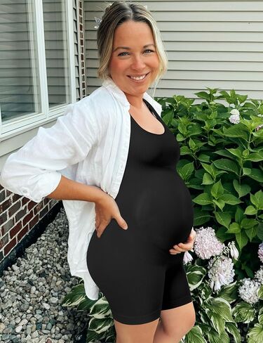 OLCHEE Womens Maternity Workout Romper Seamless Ribbed Square Neck Pregnancy Jumpsuit Summer Sleeveless Yoga Bodysuit Shorts in Saudi Arabia